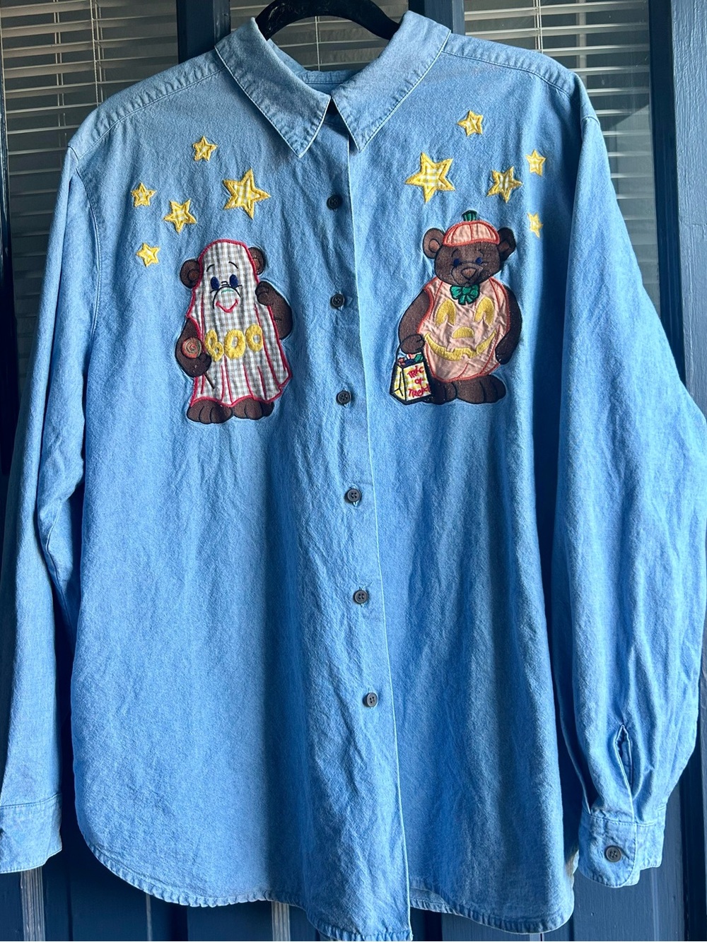 Vintage Karen Scott Women's 2XL Cotton Denim Halloween Embroidered Button Up Top